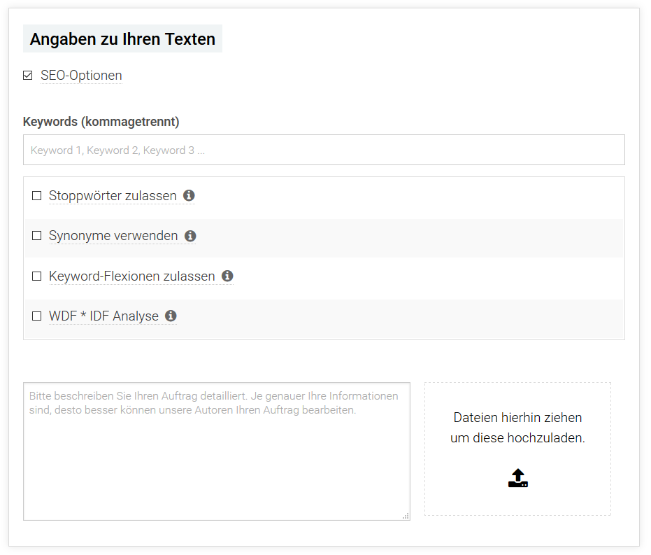 Beschreibung des Auftrags mit detaillierten Angaben zum Text